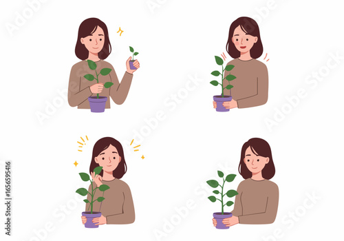 Illustration set of a happy woman nurturing a growing potted plant, symbolizing care, development, and environmental well-being.
