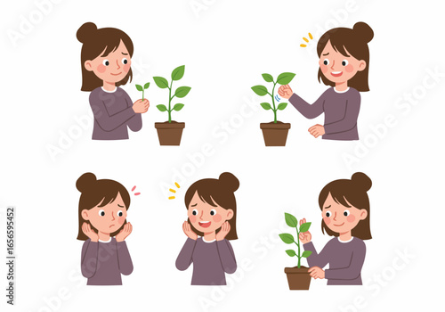 A woman's journey of nurturing a small plant, illustrating growth, care, and development over time.