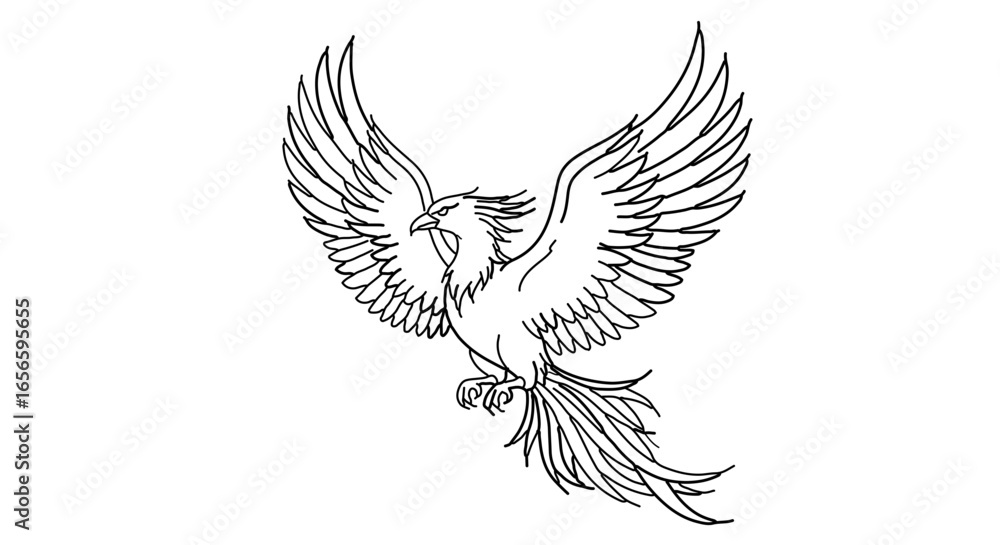 Fototapeta premium Phoenix bird drawing tattoo design mythical creature line art illustration vector outline phoenix rising art