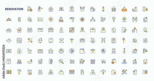 Renovation colorful line icon set. Contains outline symbols like sofa, home, home decor, decoration, bed and more. Set of line pictogram. House icon set. Vector collections.