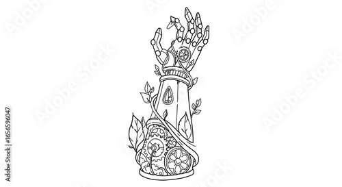 Steampunk robotic arm tattoo design with gears and foliage intricate line art illustration vector drawing