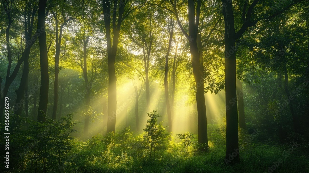 Fototapeta premium Beautiful sunrise light streams through forest trees, illuminating the fresh green foliage below.