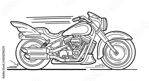 Detailed line art of a custom motorcycle chopper drawing for coloring pages and graphic design projects use 1000px