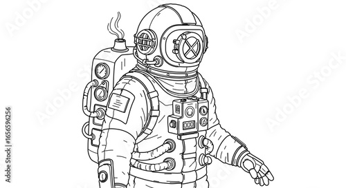Vintage diving suit illustration for underwater exploration and deep sea adventure drawing in black and white line art