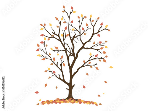 A beautiful vector illustration of a tree in autumn with colorful leaves falling to the ground. A perfect graphic element for seasonal designs and backgrounds.