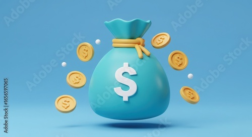 A blue money bag with dollar sign and coins floating around it in 3d render