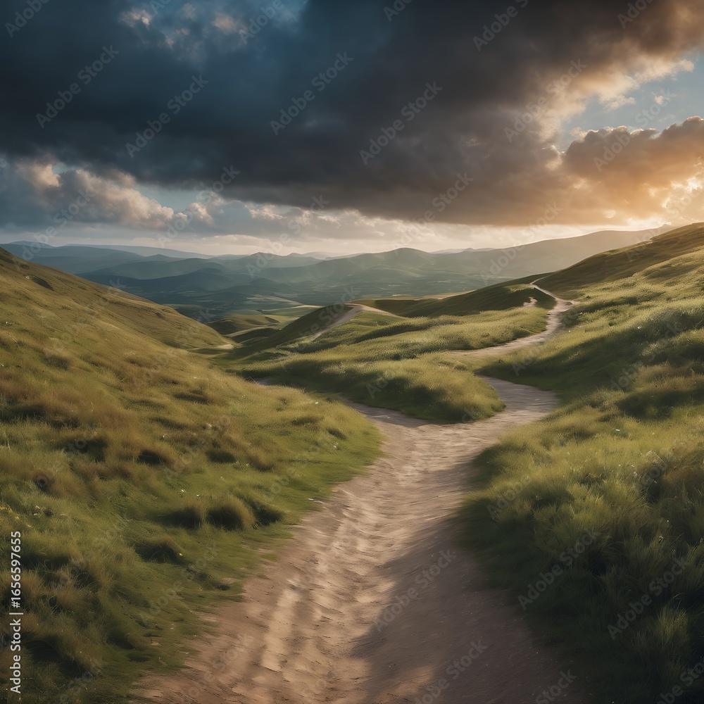 Fototapeta premium A winding dirt path leads through rolling green hills under a dramatic cloudy sunset sky
