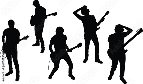 Silhouette illustration of rock band guitarists performing on stage, ideal for music, concert, poster, energy, sound, and entertainment design