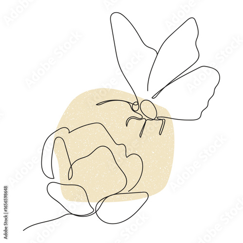 Minimalist butterfly and flower line art illustration with abstract beige background modern continuous one line drawing for aesthetic tshirt design