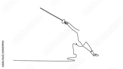 Animated self drawing of continuous line draw professional fencer with a raised sword in decisive attacking stance. Symbolizing power, skill, and the speed of the sport. Full length one line animation