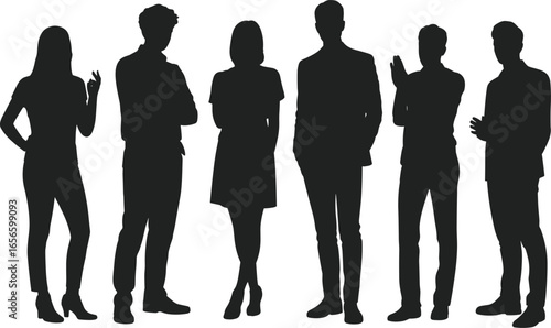 Silhouette of professional business team in formal attire, standing with confidence, suitable for leadership, teamwork, corporate strategy, and company branding