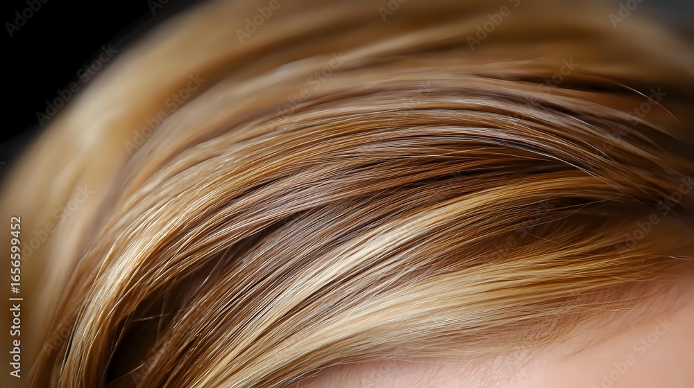 Fototapeta premium Close up view of blonde highlighted hair with soft focus showing natural wavy texture and dimensional color tones in warm golden and caramel shades.
