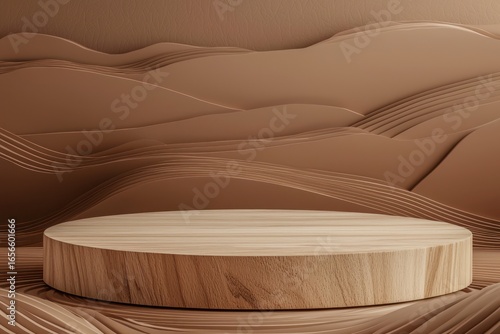 Product display on wooden podium, abstract brown shapes.