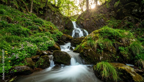 Sunlit waterfall cascading down mossy rocks, lush green vegetation