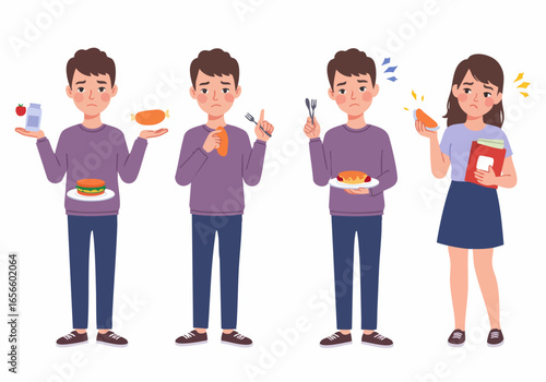 People struggling with food choices, illustrating picky eating habits, food aversion, or a general dislike for certain types of meals.