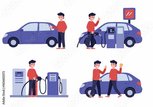 Illustration set depicting a man's car ownership journey, from opening the door to fueling at a gas station and performing car care.