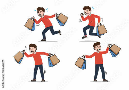 Man struggling with shopping bags in various poses of hurry and exhaustion, depicting a stressful shopping experience.