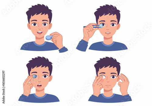 Illustrated guide for young man putting in and taking out contact lenses, showing proper steps and tools for eye care and vision correction.