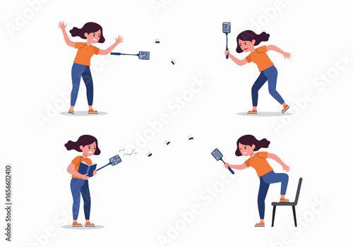 Woman battling pesky flies with a fly swatter, illustrating frustration and determination in a domestic setting.