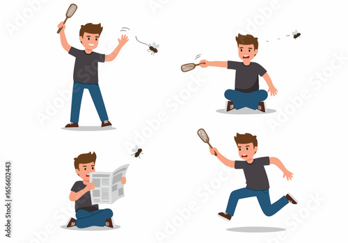 Cartoon Man's Humorous Attempts to Catch or Swat a Fly: A Series of Illustrations Depicting an Everyday Pest Control Struggle.