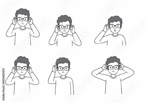 Collection of diverse illustrations showing a man adjusting eyeglasses, expressing various reactions from confusion to surprise, highlighting vision and eye care concepts.