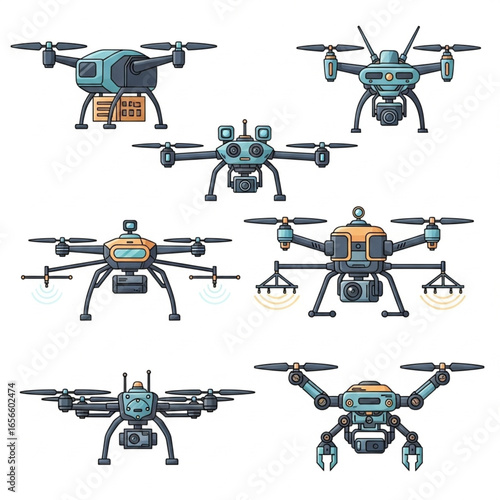 Collection of various drone designs, including delivery and surveillance models.