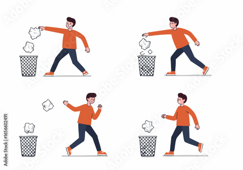 Illustrations of a man tossing crumpled paper into a bin, showing attempts and outcomes of waste disposal.
