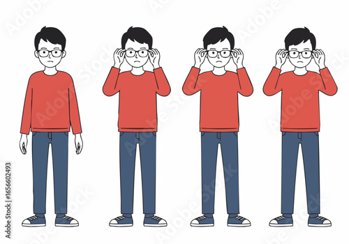 Illustration of a young man adjusting his glasses, showing various states of eye discomfort or need for vision correction.