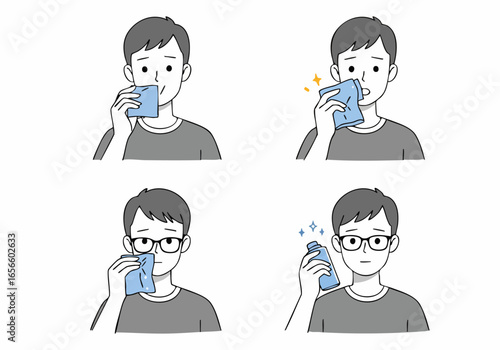 Illustrations depicting a man's routine for fresh breath and facial cleanliness, showcasing oral hygiene products.