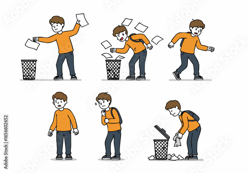 Cartoon illustration of a young man accidentally spilling paper from a trash can and then cleaning up the mess.