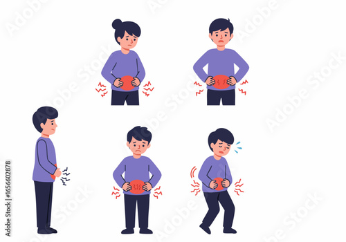 Abdominal pain illustrations: people experiencing stomach aches, cramps, and digestive discomfort in various postures.