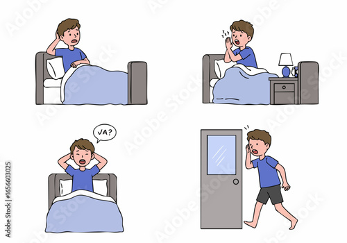 Confused Young Boy Wakes Up and Investigates Unexpected Sound from Outside Bedroom