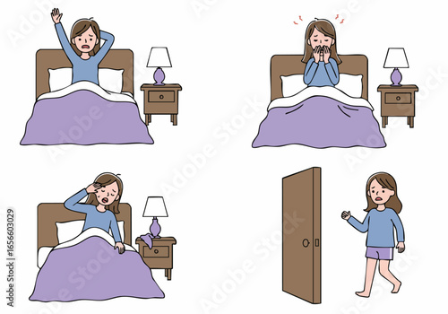 Woman experiencing a nightmare and waking up in distress, feeling unwell and tired, then reluctantly getting out of bed.