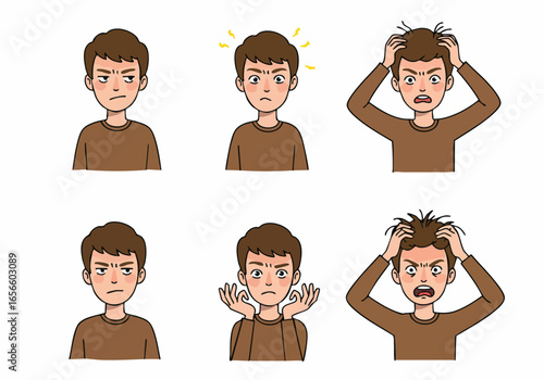Set of Cartoon Illustrations Showing a Man's Escalating Levels of Anger, Frustration, and Stress on a White Background
