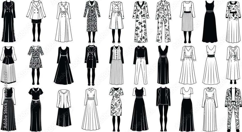 Fototapeta premium Chic fashion collection featuring dresses, suits, and outerwear
