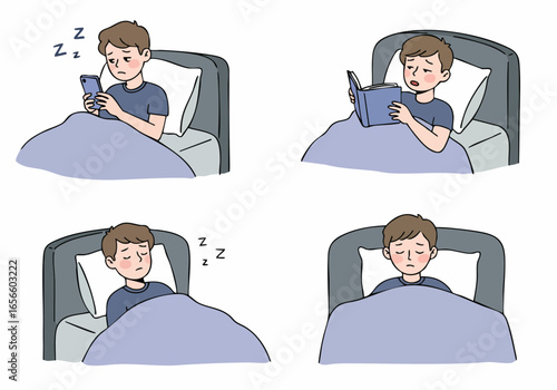 A person struggling with insomnia, depicted through various attempts to fall asleep including using a smartphone and reading in bed, highlighting sleep deprivation.