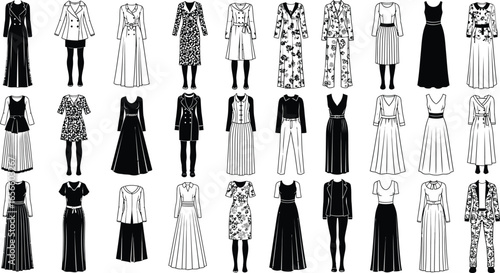 Chic fashion collection featuring dresses, suits, and outerwear