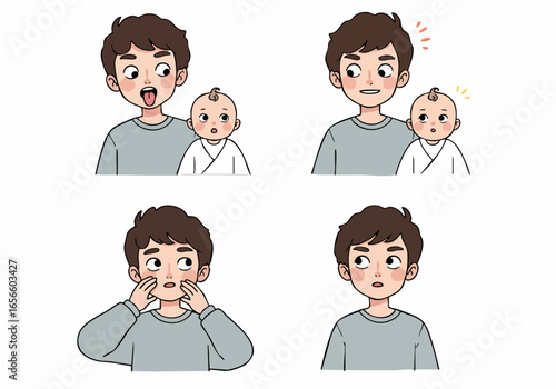 Set of cartoon illustrations showcasing a father's playful interactions with his baby and his own emotional responses.