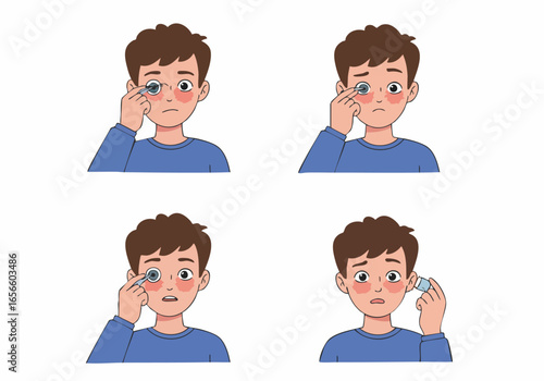 A distressed boy dealing with red, irritated eyes, showing the discomfort and process of eye care or removing an irritant, possibly due to allergies.