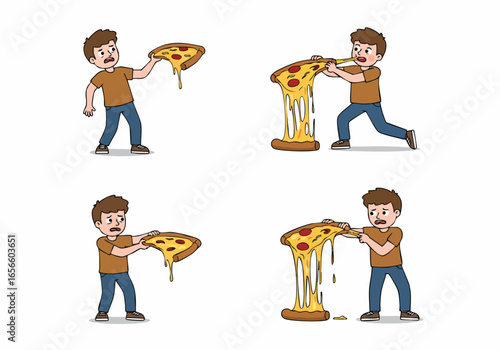 Cartoon boy struggles and enjoys eating a pizza slice with incredibly stretchy, gooey cheese, illustrating a messy but delicious food experience.