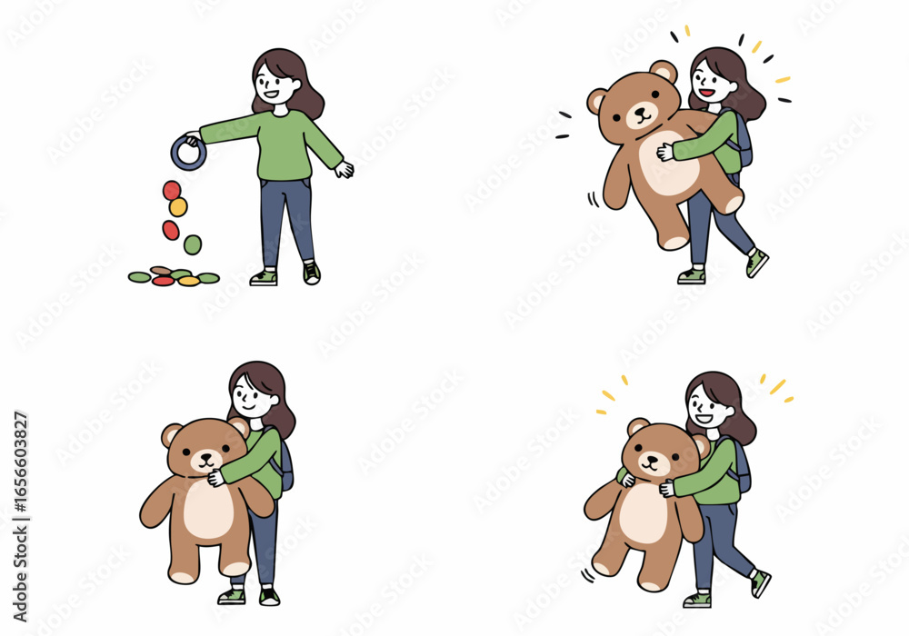 Fototapeta premium Cute cartoon girl enjoying playful moments, from a ring toss game to happy embraces with a soft brown teddy bear.