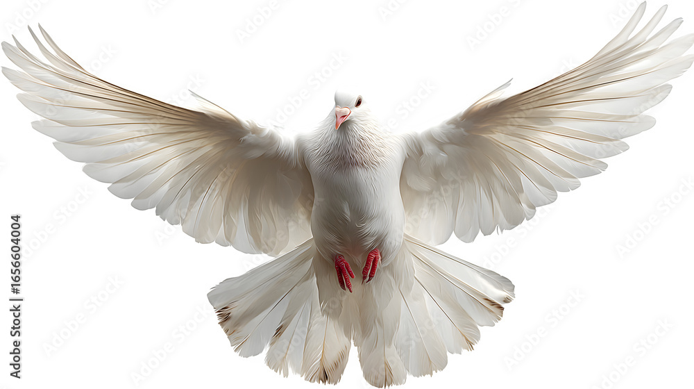 Obraz premium white dove flying with wings spread isolated on white background, HD realistic