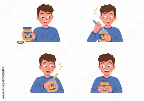 Young man prepares to enjoy a delicious snack from a jar, illustrating the steps of opening and scooping.