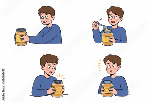 Comic strip of a young man experiencing disappointment and shock upon finding an empty peanut butter jar, illustrating relatable everyday frustration.