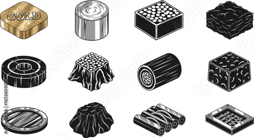 Precious metals and raw materials isometric icons collection