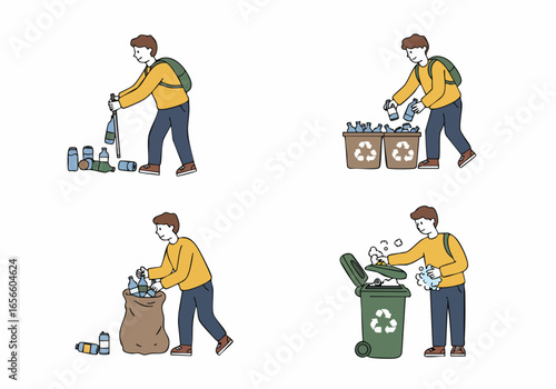 Steps of waste collection and recycling process: A person gathering plastic bottles, sorting into bins, and disposing of trash for a cleaner, sustainable environment.