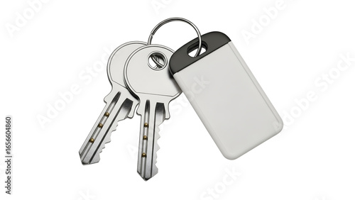 Set of metal keys with blank tag on transparent background