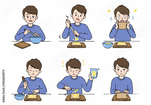 The everyday struggle of spreading hard butter: A man's humorous and relatable breakfast dilemma.