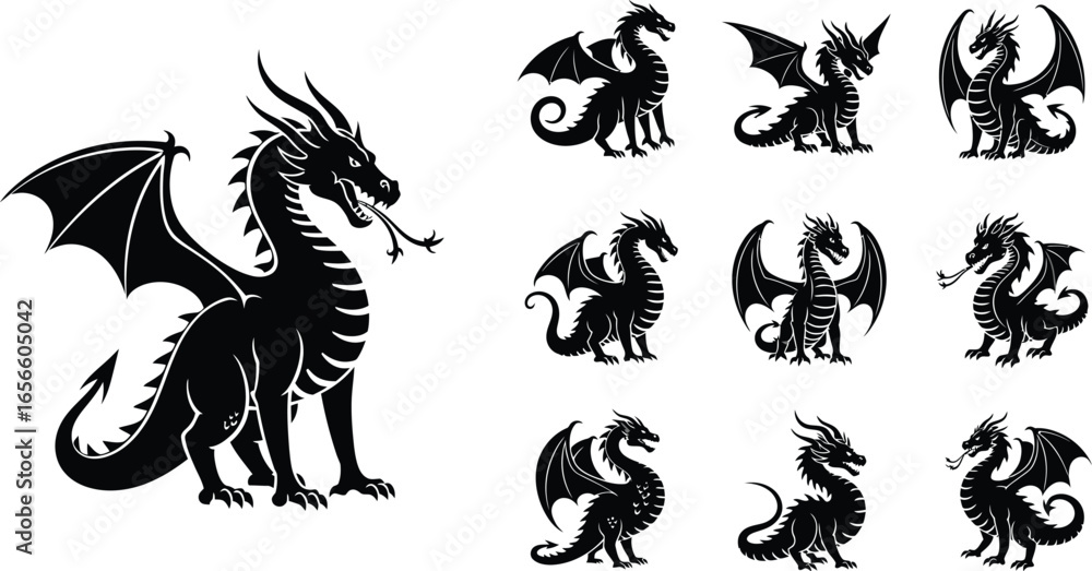 Fototapeta premium Majestic dragon silhouettes powerful mythical creature art collection