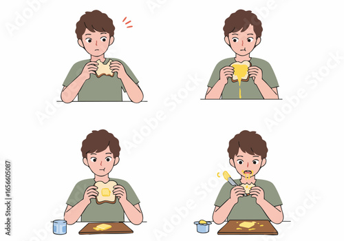 A humorous four-panel illustration depicting a person's funny struggles and messy outcome while trying to butter toast, showcasing breakfast challenges.
